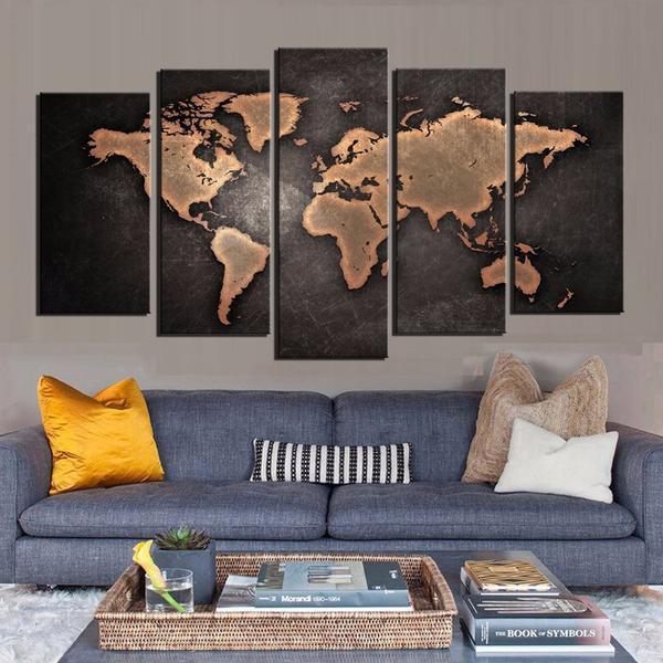 Black World Map Panel on Canvas