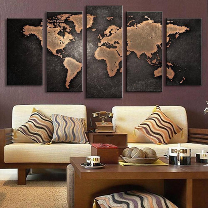 Black World Map Panel on Canvas