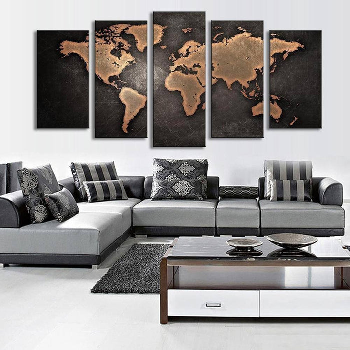 Black World Map Panel on Canvas
